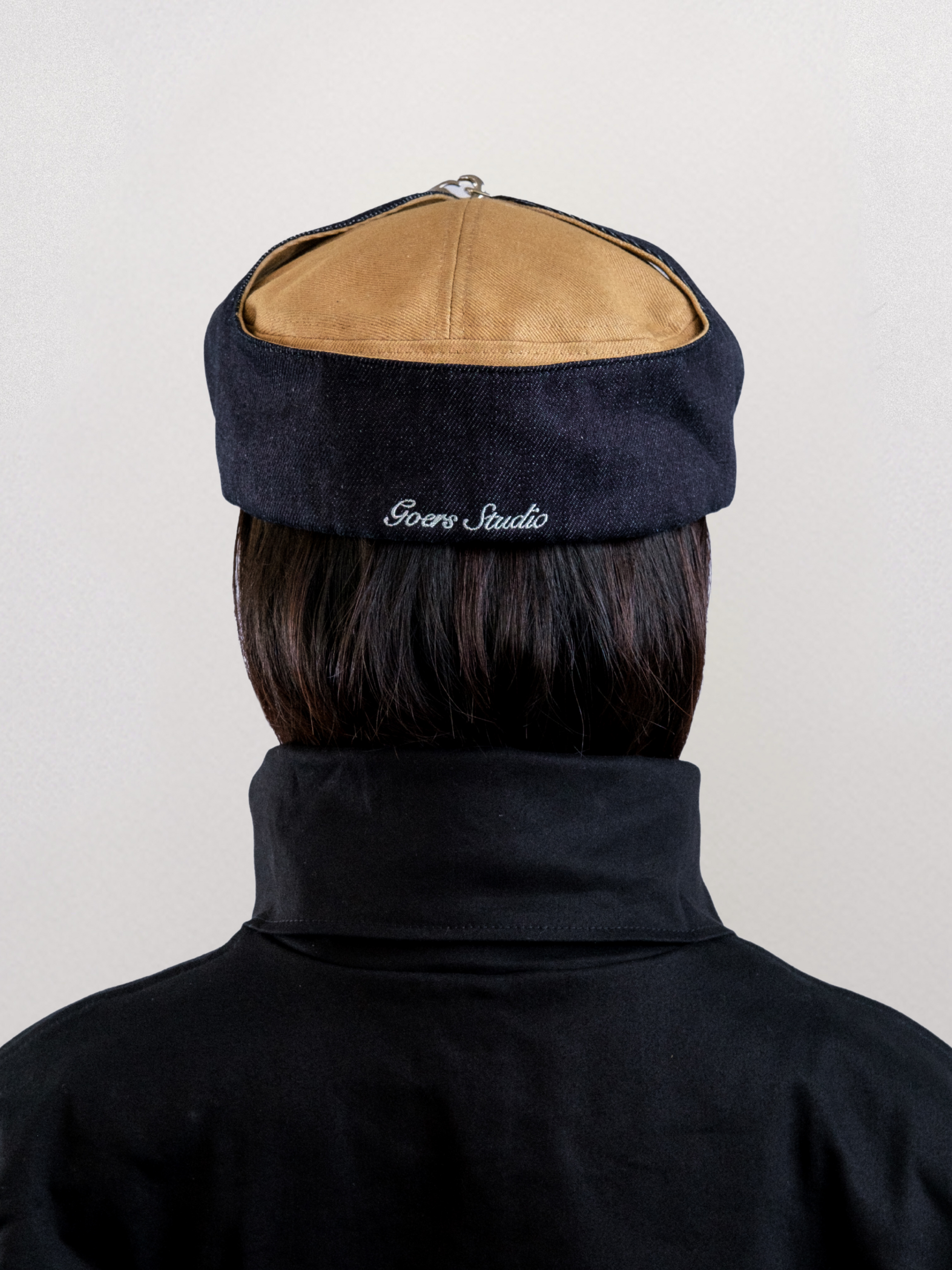 Bennett Denim Trapper Hat in Beige & Black – Goers Studio Bennett Denim Trapper Hat in Beige & Black – Goers Studio