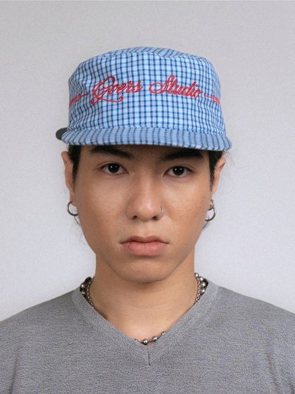 Plaid Pillbox Cap in Blue