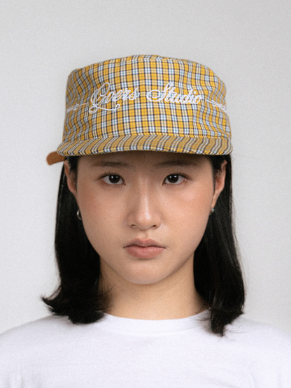Plaid Pillbox Cap in Yellow